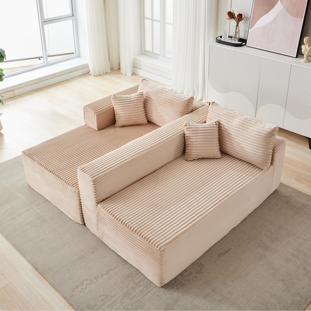 Compression Sectional Couch with Comfy Chaise, Boneless L Shape Sofa with Deep Seat, Minimalist Modular Couches Sleeper for Living Room Bedroom Apartment Lounge,corduroy,Beige