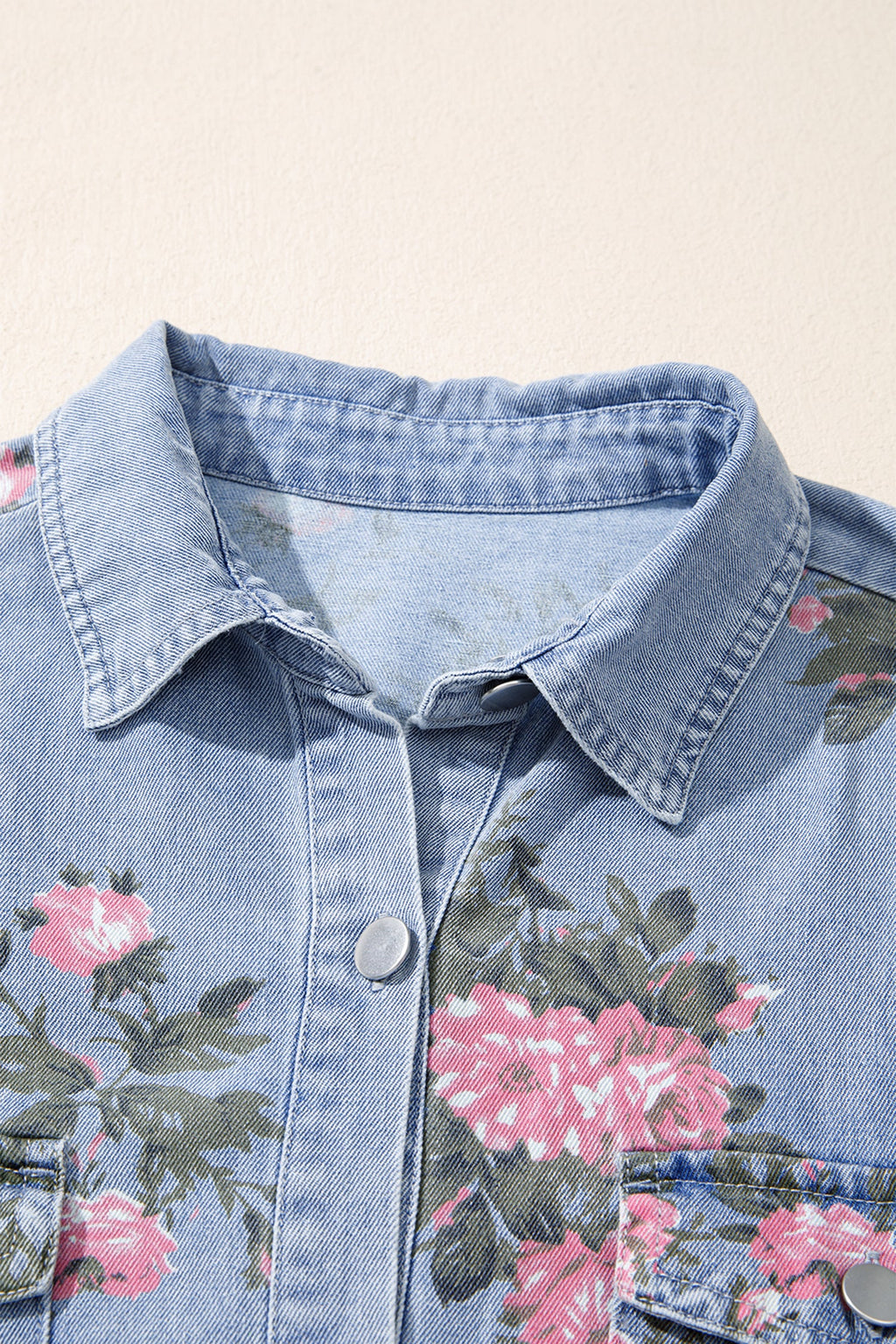 Floral Denim Cuffed Short Sleeve Buttoned Dress