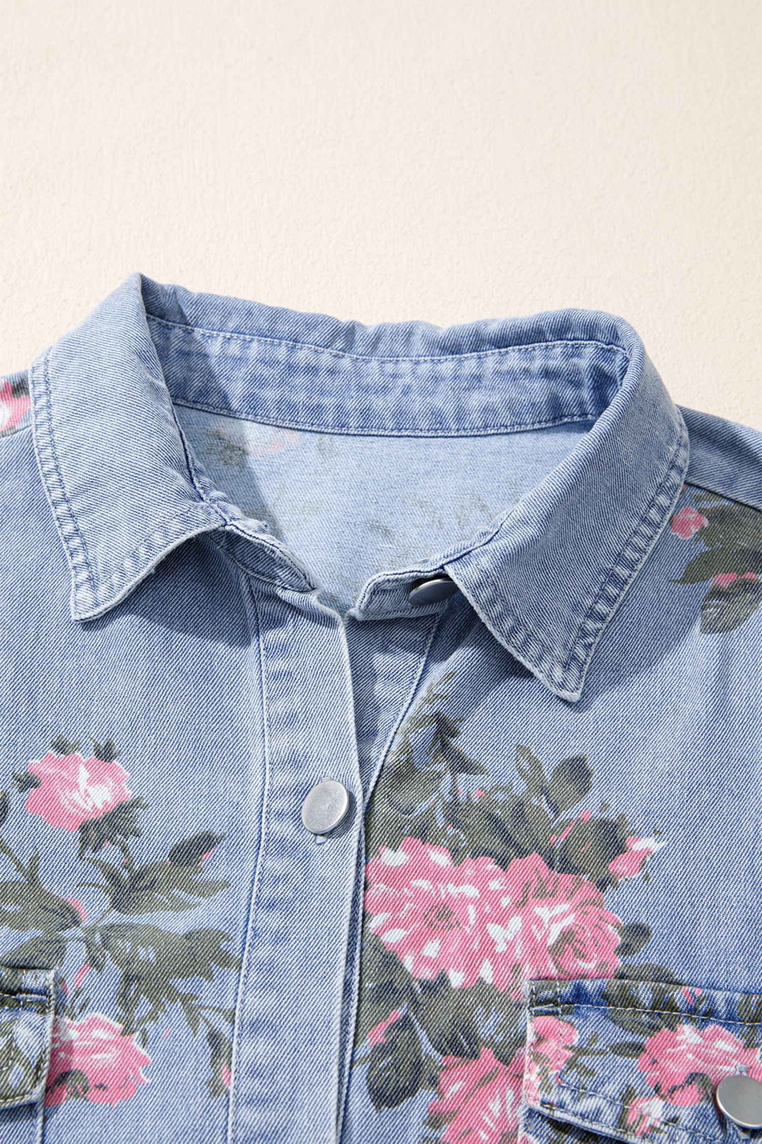 Floral Denim Cuffed Short Sleeve Buttoned Dress