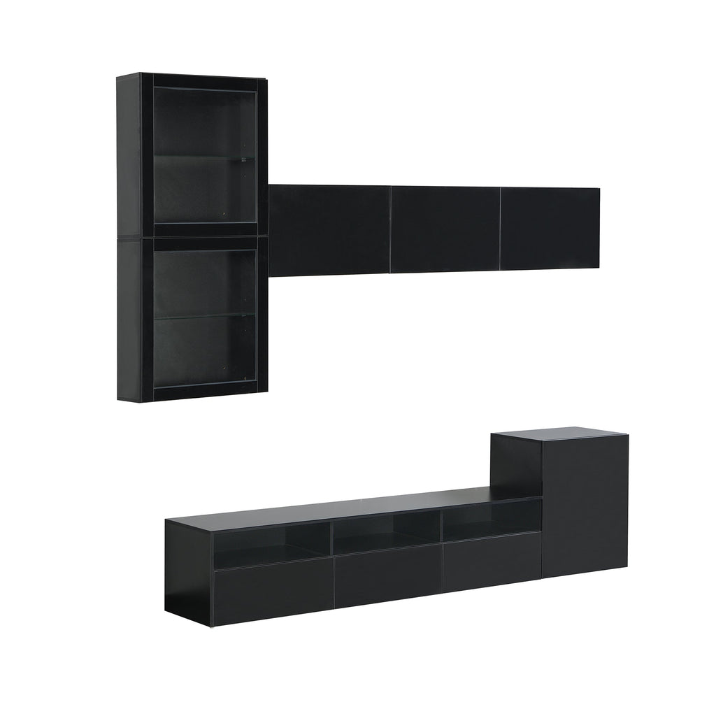 ON-TREND High Gloss TV Stand with Ample Storage Space, Media Console for TVs Up to 78', Versatile Entertainment Center with Wall Mounted Floating Storage Cabinets for Living Room, Black