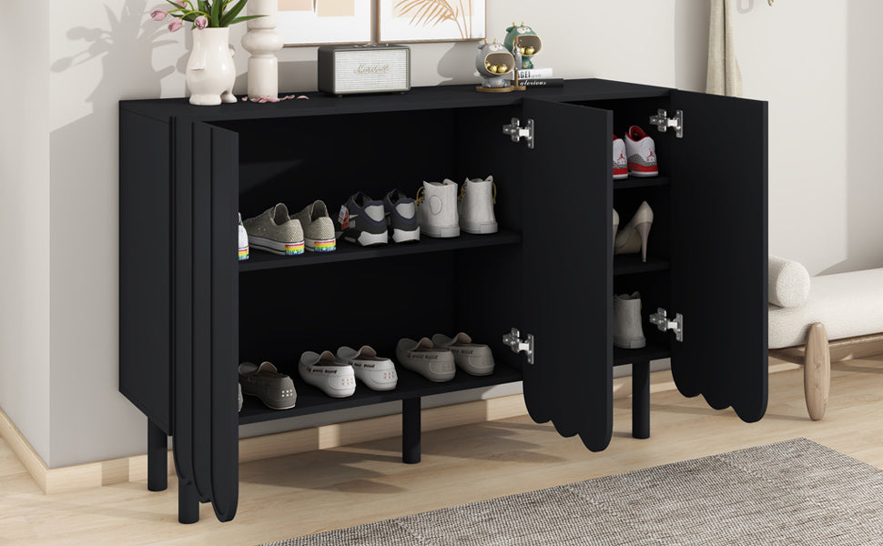 ON-TREND Cream Style Minimalist Shoe Cabinet with 5 Solid Wood Legs, Sideboard Buffet Cabinet with Adjustable Shelves, Large Storage Cabinet with Wave Doors for Living Room, Black