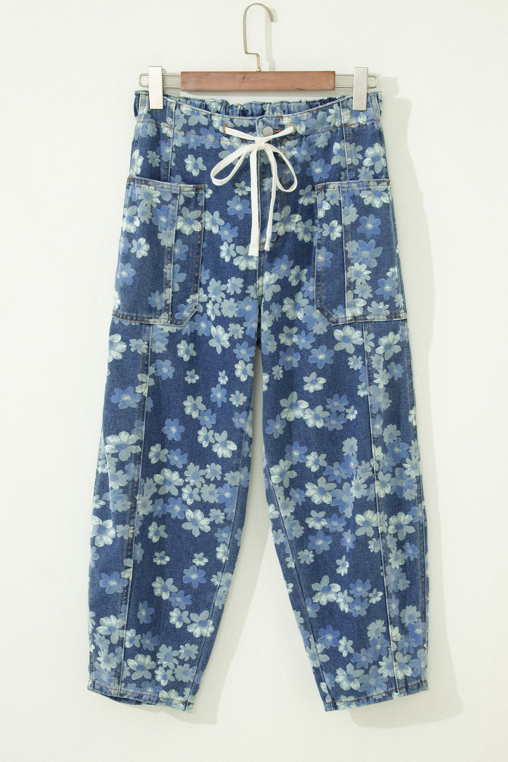 Floral Denim Drawstring Barrel Leg Jeans