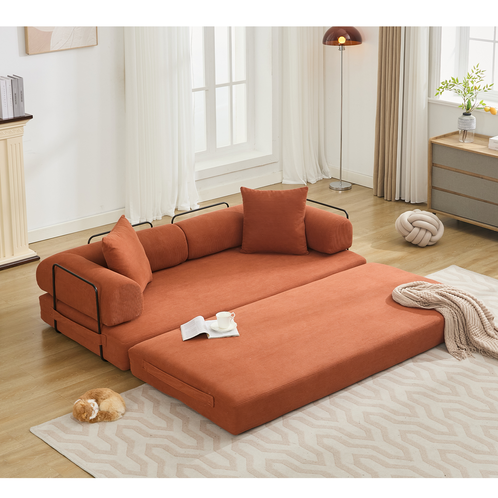[NEW ARRIVED] [VIDEO PROVIDED] 78.5' Folding Convertible Out Sleeper Sofa Bed,4-in-1 DIY Combination Convertible Sofa, 3 seat, Folding Sleeper Sofa, King Size , Bedroom,Apartment,Corduroy,Orange