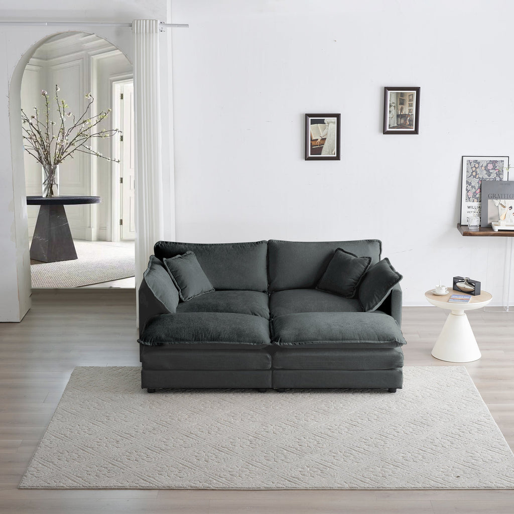 4 - Piece Upholstered Sectional Sofa, 1 - Piece of 2 Seater Sofa and 2- Piece of Ottomans , 2 Seater Loveseat Lounge with Ottomans , Gray Chenille