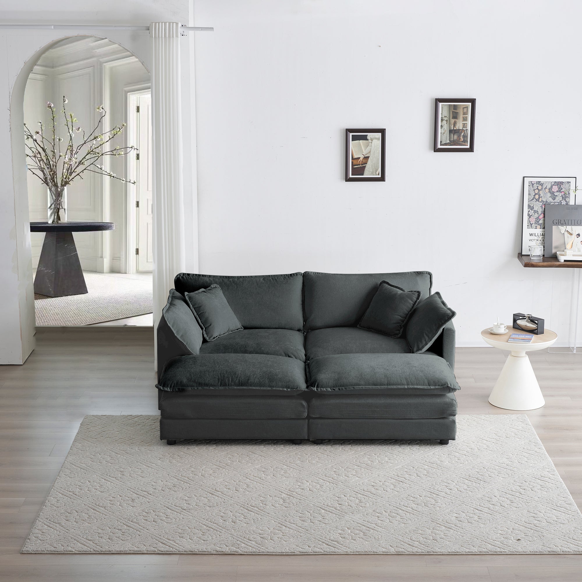 4 - Piece Upholstered Sectional Sofa, 1 - Piece of 2 Seater Sofa and 2- Piece of Ottomans , 2 Seater Loveseat Lounge with Ottomans , Gray Chenille