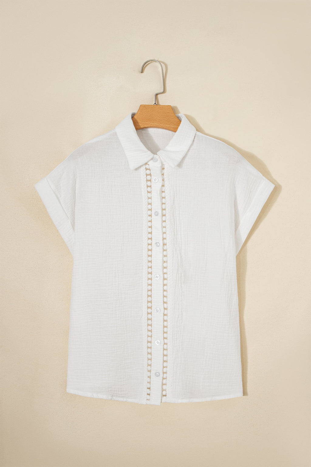 Solid Crinkle Textured Lace Trim Buttoned Shirt
