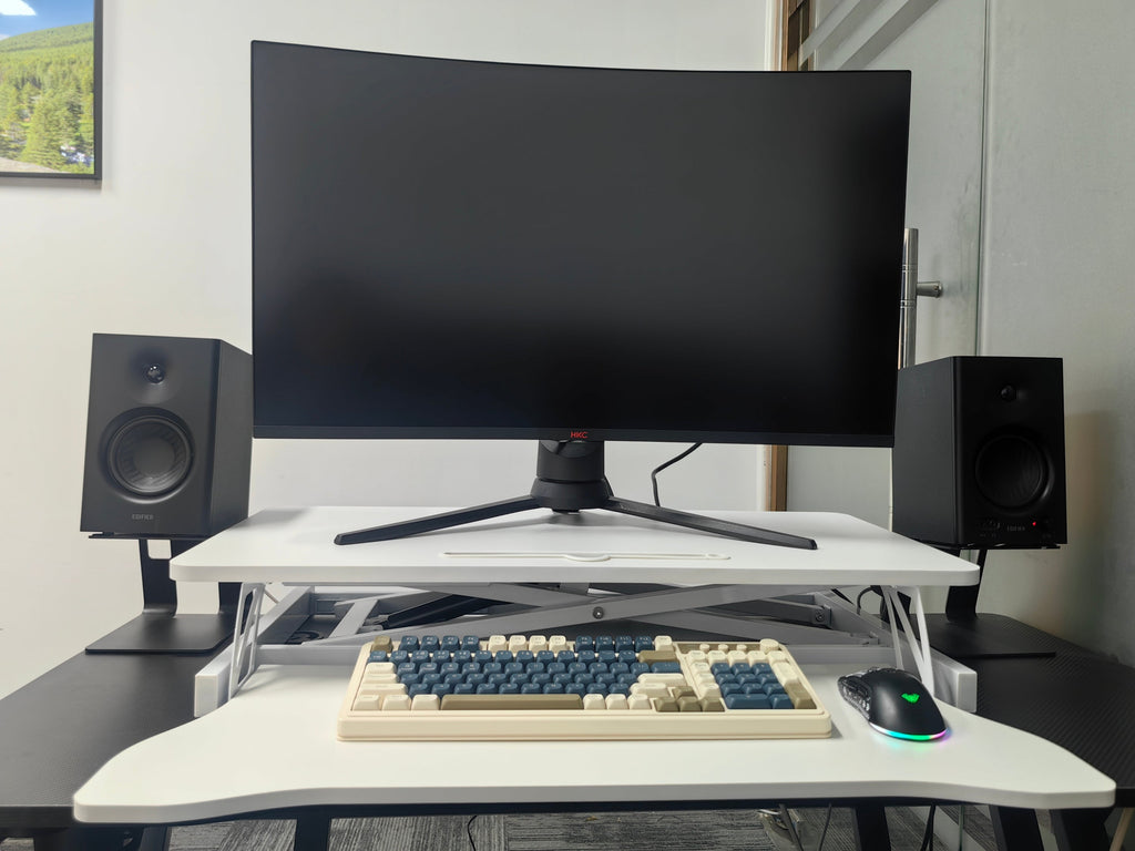 32 Inch Desk Converter, Height Adjustable Sit to Stand Riser, Dual Monitor and Laptop Workstation with Wide Keyboard Tray, Standing Computer Desk, WHITE ( BACK TO SCHOOL )