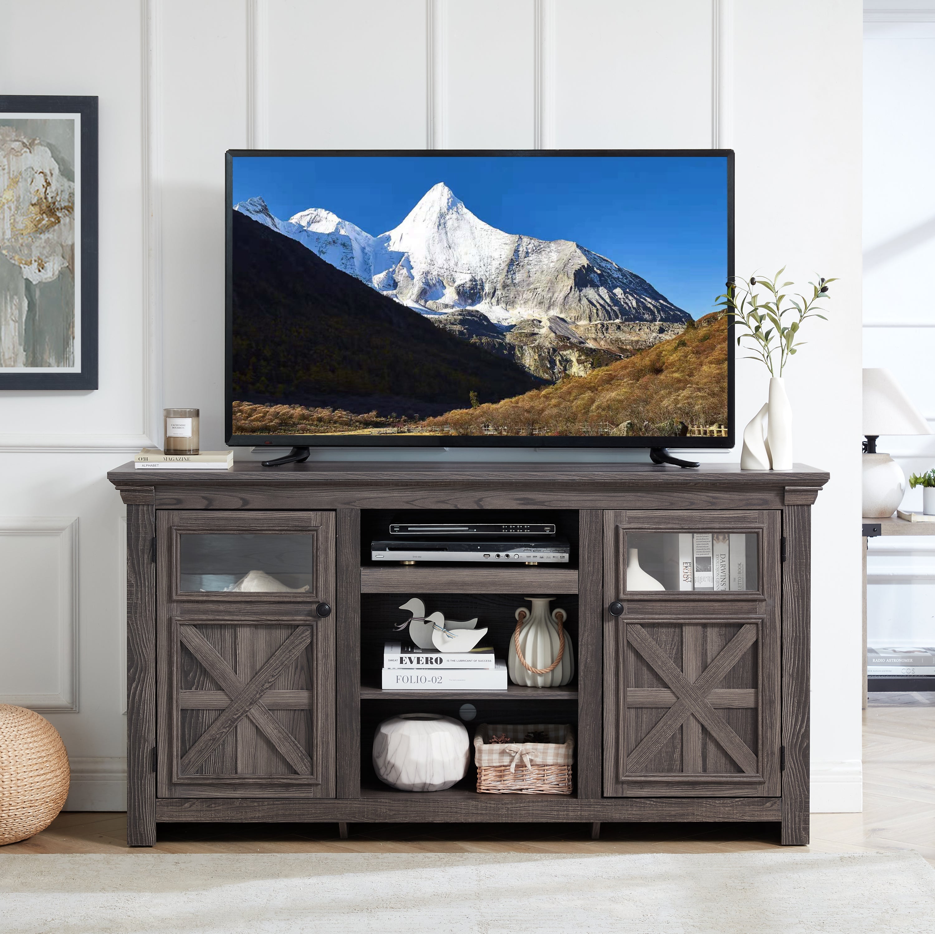 2 Doors Cabinet Farmhouse  Cabinet, Farmhouse TV Stand Barn Design,Modern Farmhouse TV Media Stand, Large Barn Inspired Home Entertainment Console,GREY, 60.23'W*15.35'D*31.7'H