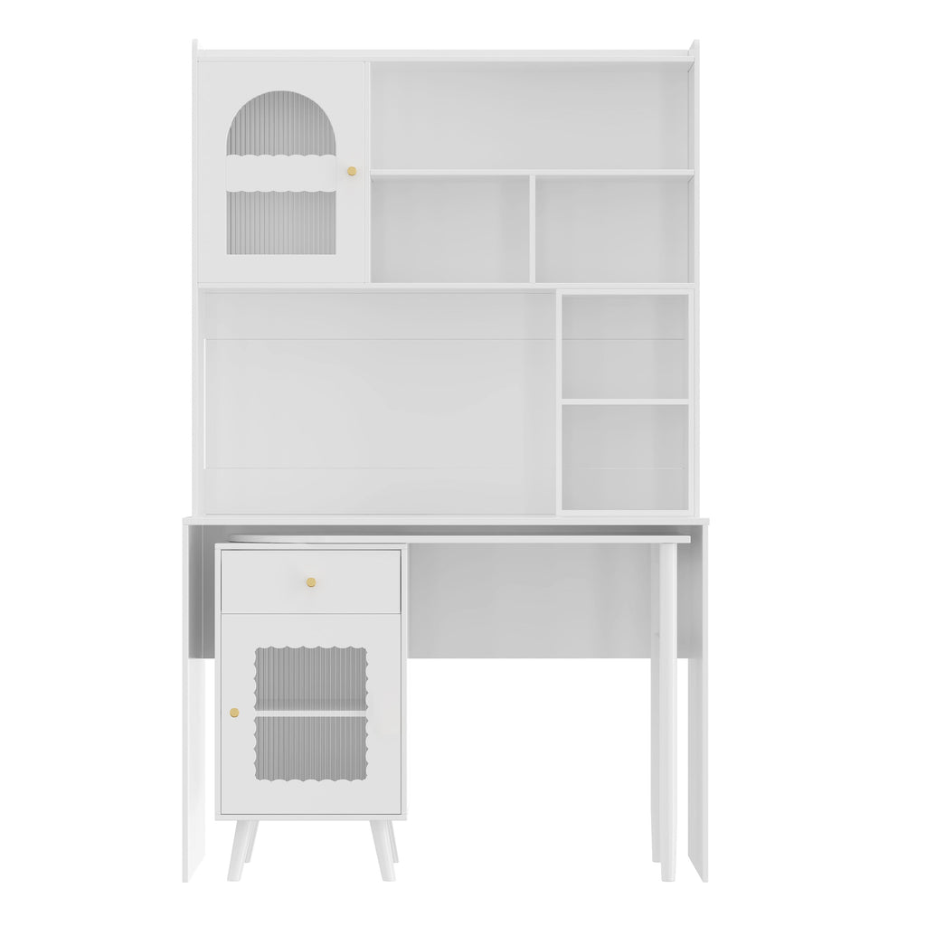 Computer Desk with 90 Degree Rotating Desktop, 43x70 Inch Office Desk with Storage Drawer and Cabinets, Gaming Desk with Shelves, Writing Desk for Study, Work Desk for Home Office Bedroom Living Room