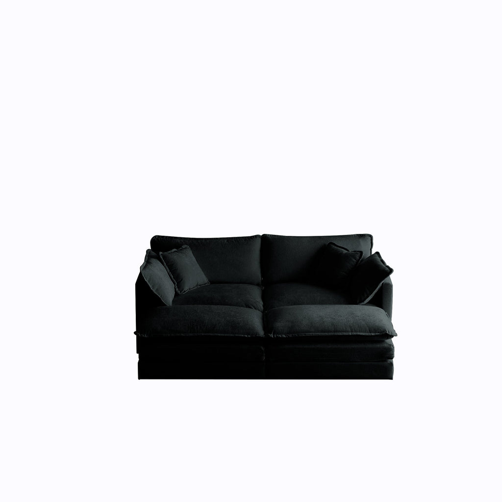 4 - Piece Upholstered Sectional Sofa, 1 - Piece of 2 Seater Sofa and 2- Piece of Ottomans , 2 Seater Loveseat Lounge with Ottomans , Black Chenille