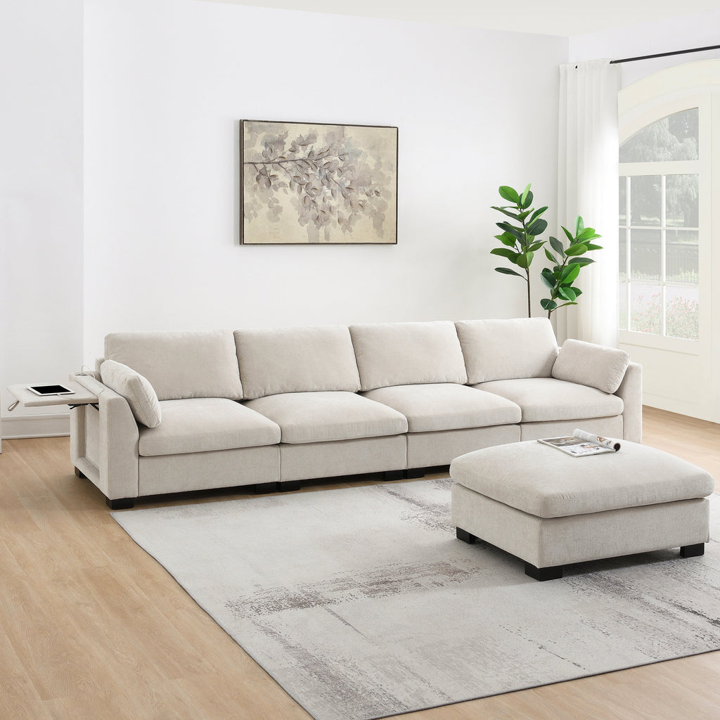[VIDEO]130' Modular Sectional Sofa, L-Shape with Folding Table and Dual-Port Charging, Side Storage Pockets, 2 Armrest Pillows, Free Movement Ottoman, High Density Foam, Chenille, 5 Seat, 2 Colors