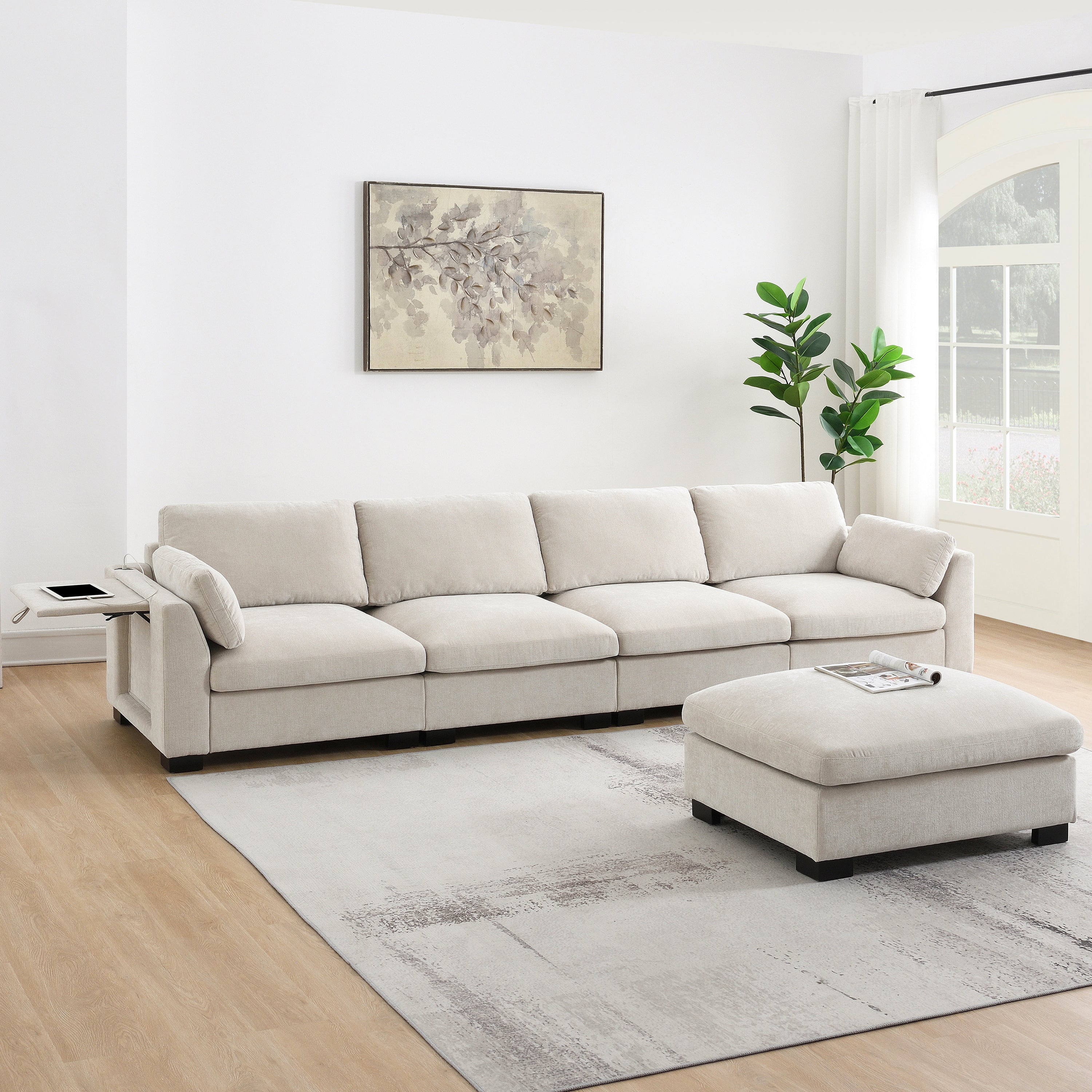 [VIDEO]130' Modular Sectional Sofa, L-Shape with Folding Table and Dual-Port Charging, Side Storage Pockets, 2 Armrest Pillows, Free Movement Ottoman, High Density Foam, Chenille, 5 Seat, 2 Colors
