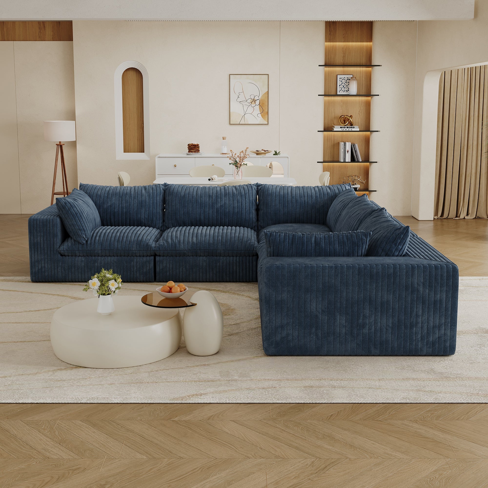 118.2' Cloud Sofa,Corduroy Fabric,Deep Seat Couches,Double-layer design,Removable Cushion,No Assembly, DIY Combination for Living room, Bedroom,Conference room ,Apartment,Blue
