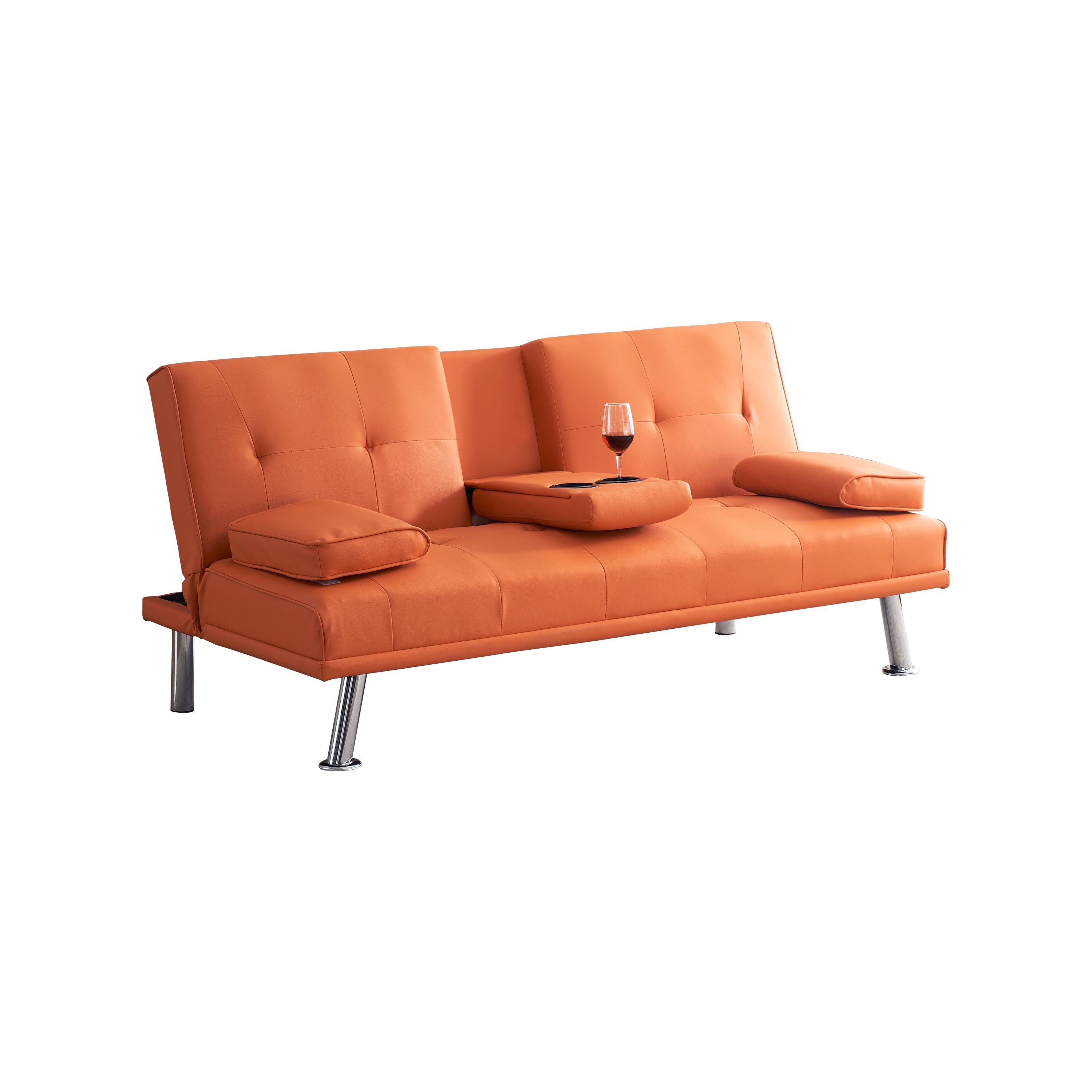67' Orange Leather Office Sofa Bed, Double Fold, with Coffee Table, Multifunctional