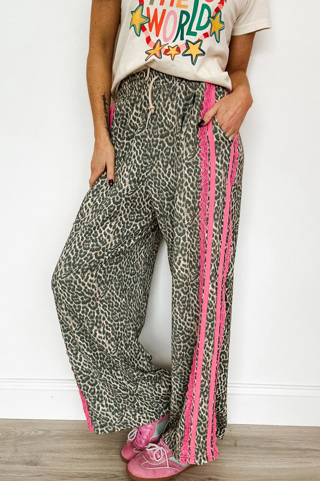 Leopard Contrast Lace Stripe Drawstring Pants