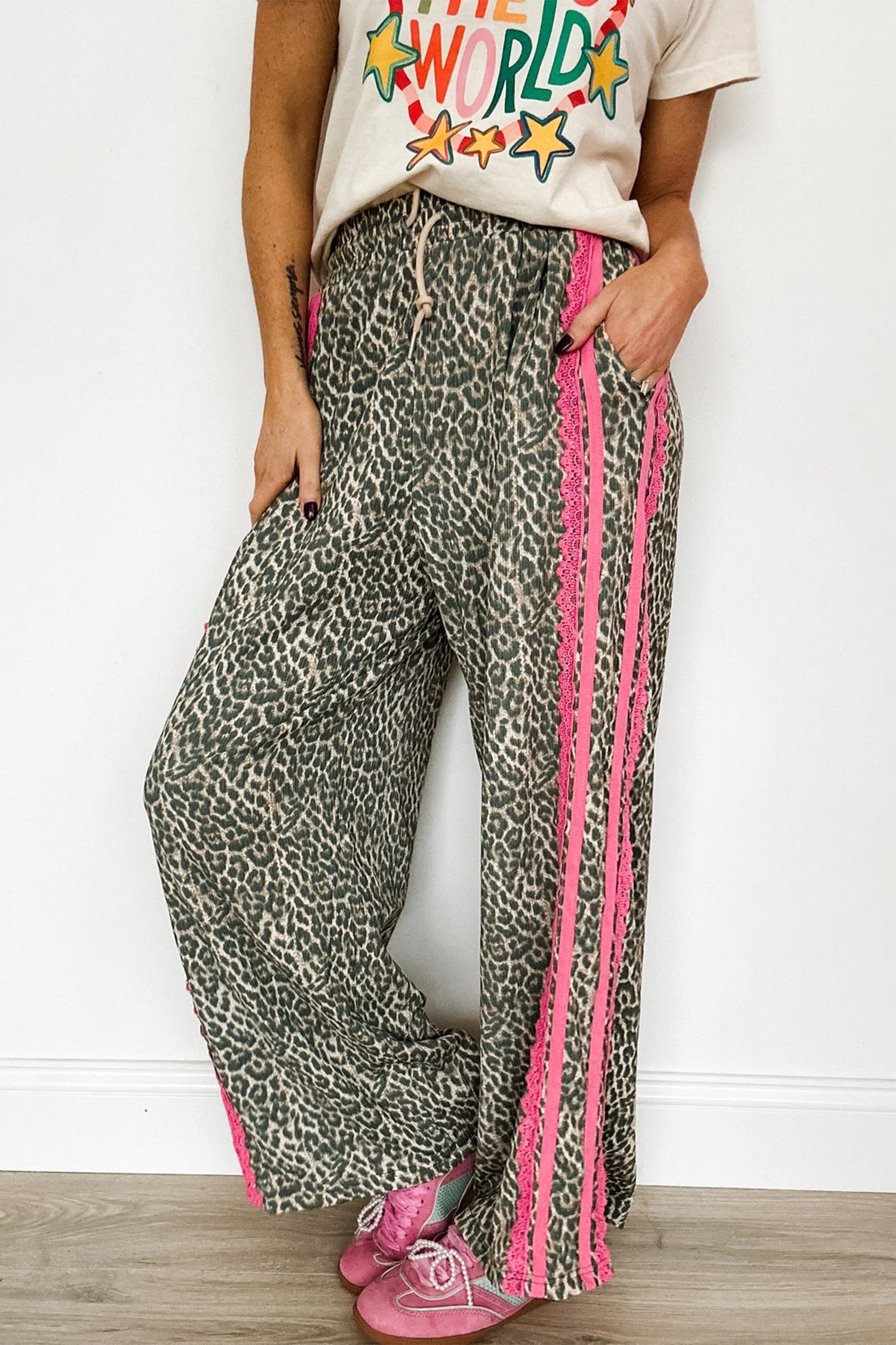 Leopard Contrast Lace Stripe Drawstring Pants