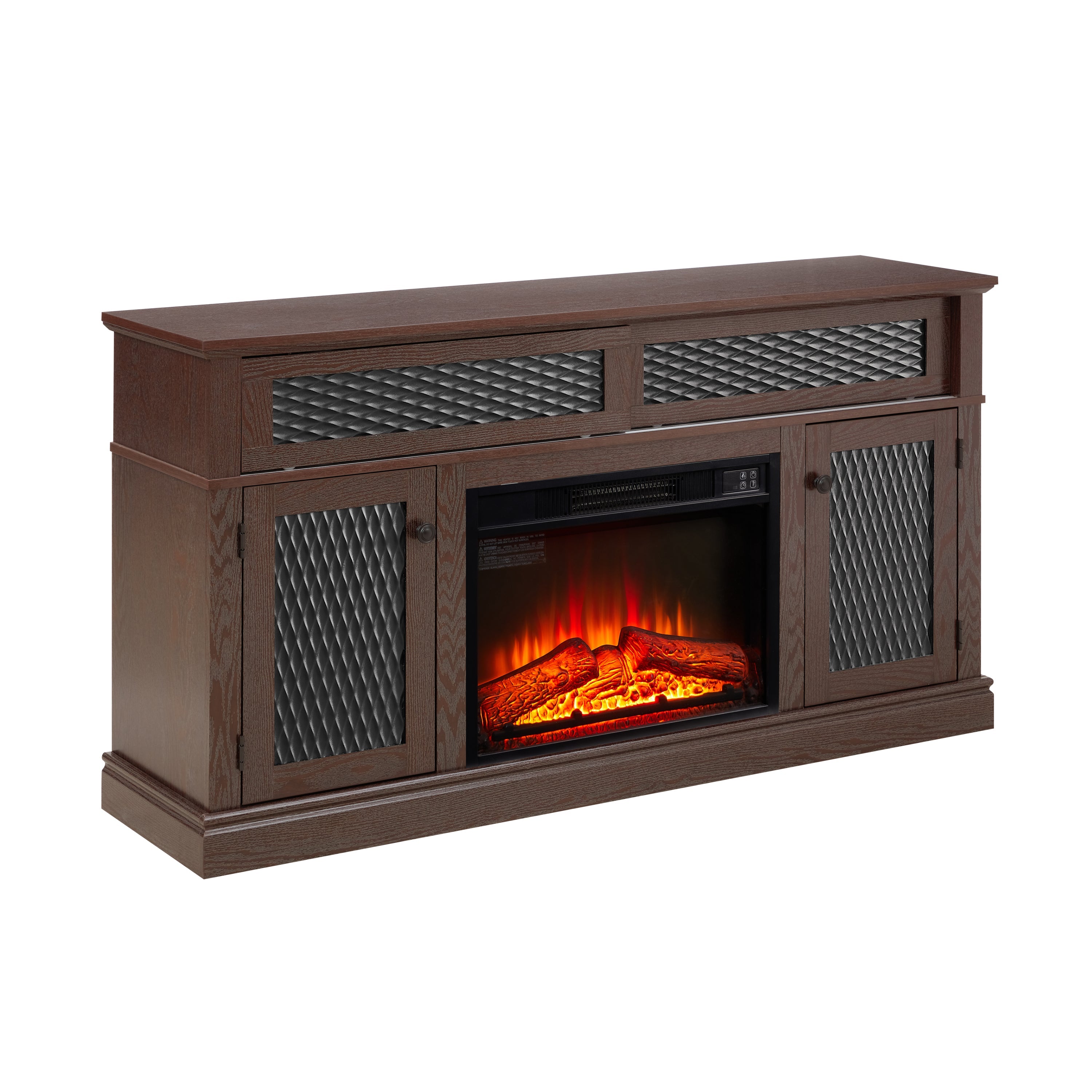 Embossed Pattern TV Stand with 23' fireplace insert,, TV and Media Console with Open and Closed Storage Space and sliding door for Living Room & Bedroom, Dark Cherry, 58.27'W*15.35'W*31.7H