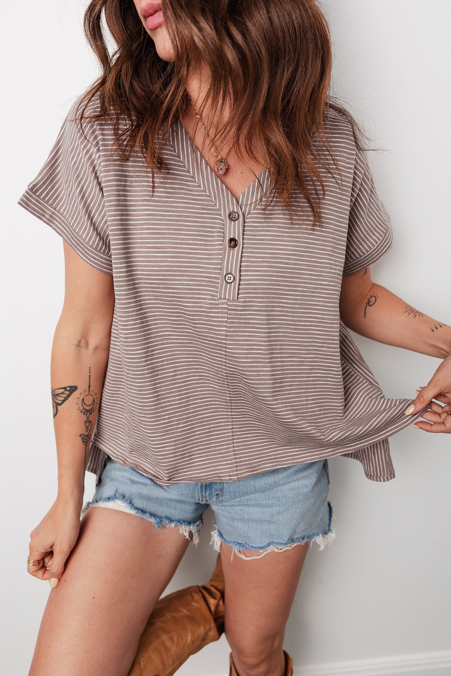 Stripe Buttoned V-Neck T-Shirt