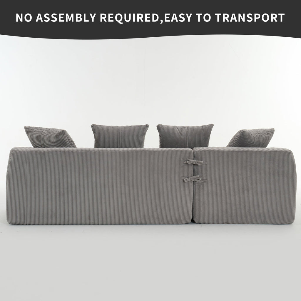 LY-023 LIGHT GREY COMPRESSION SOFA: Combining chaise longue with 3-seater, Corduroy Fabric, full sponge compression sofa,combined sofa with 4 pillows for living/ Home Furniture/ Apartment