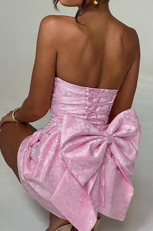 Sexy Jacquard Pastel Pink Strapless Bow Dress