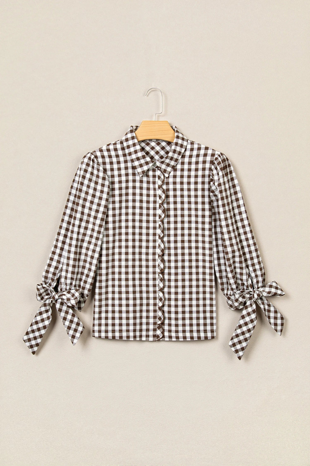Gingham Bow Tie 3/4 Sleeve Button Down Shirt