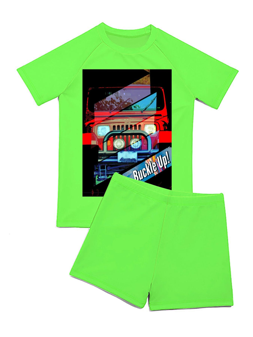 Buckle Up! 4-wheel Drive Short Sleeved 2-piece Swimsuit for Children