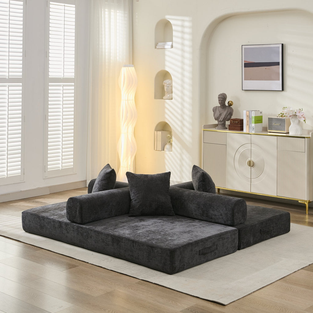 Comfy Convertible Folding Mattress Couch, Floor Sofa Bed, Chenille Floor Sofa with Armrest, Floor Sofa Lounge Couch for Living Room Bedroom Lounge Studio-Black