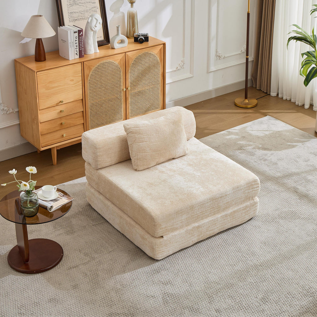 Compression Sofa,Convertible Floor Sofa Bed with Fixed-Shape Frame,Single Seater Boneless Modular Sectional Sofa,No Assembly Required,Chenille fabric,for Living Room Bedroom,Beige