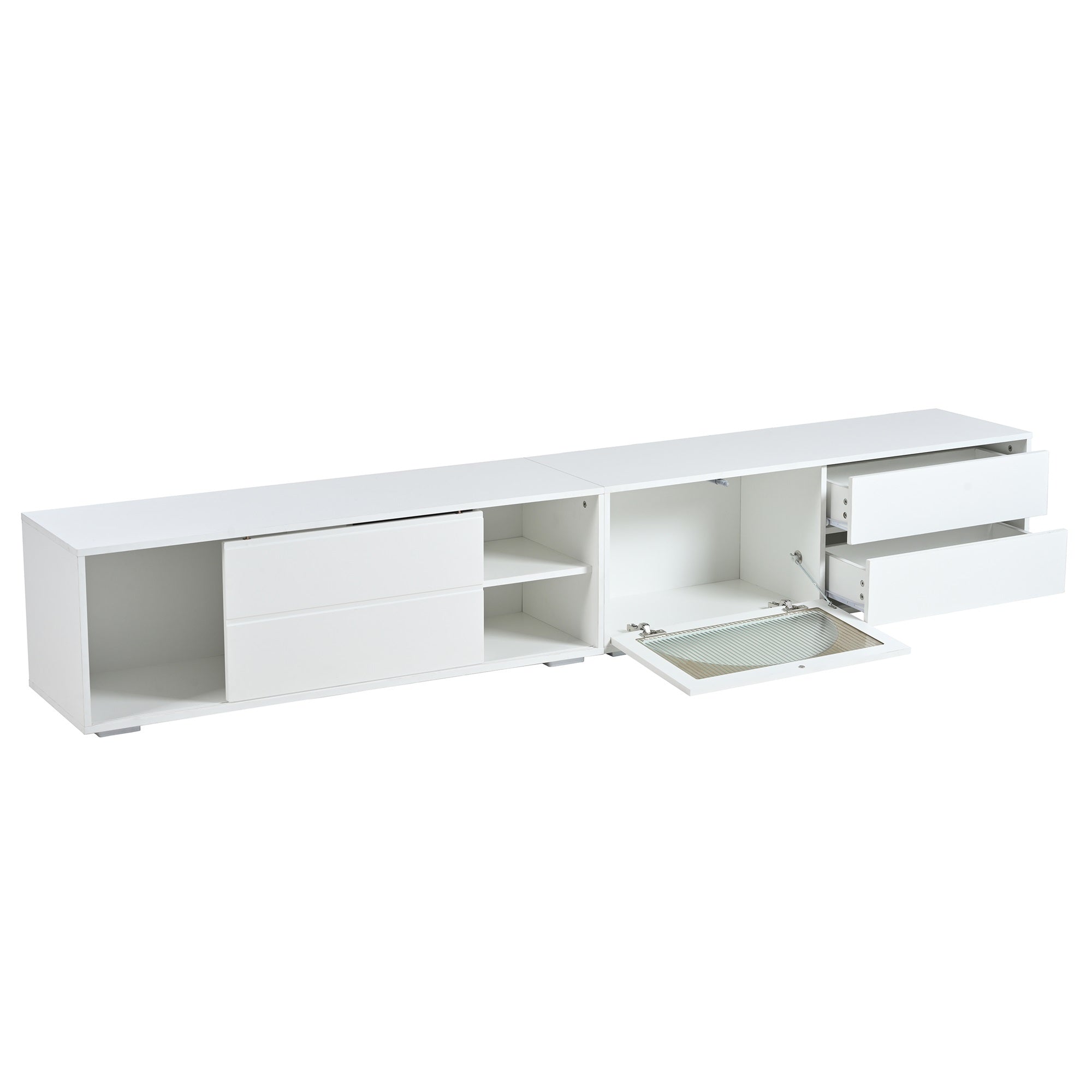 ON-TREND Modern TV Stand with Fluted Glass Door for TVs Up to 100', Media Console with Sliding Door & 2 Drawers, Free-Combination Entertainment Center with LED Light for Living Room, Bedroom, White