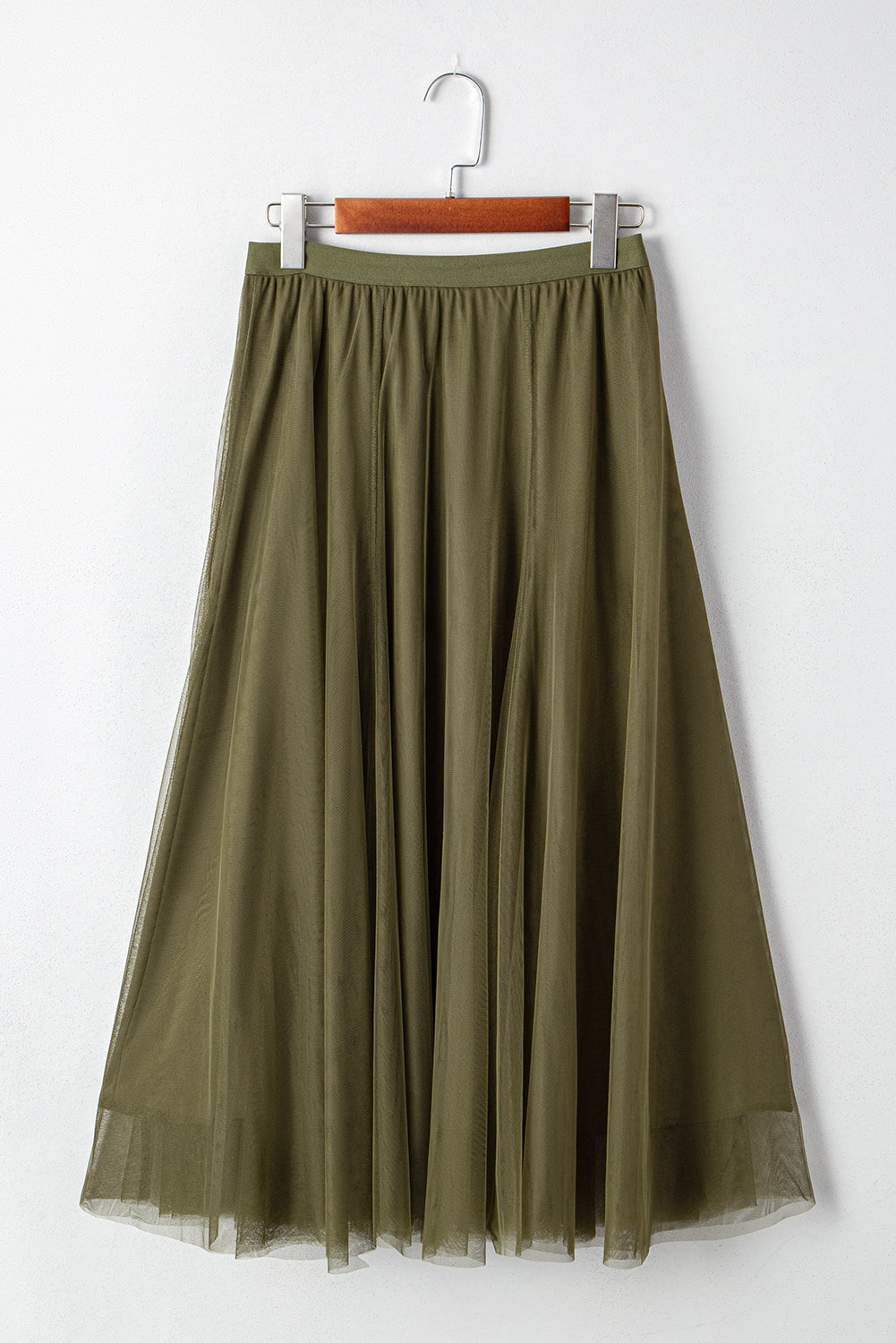 Solid Tulle Mesh Overlay Flared Midi Skirt