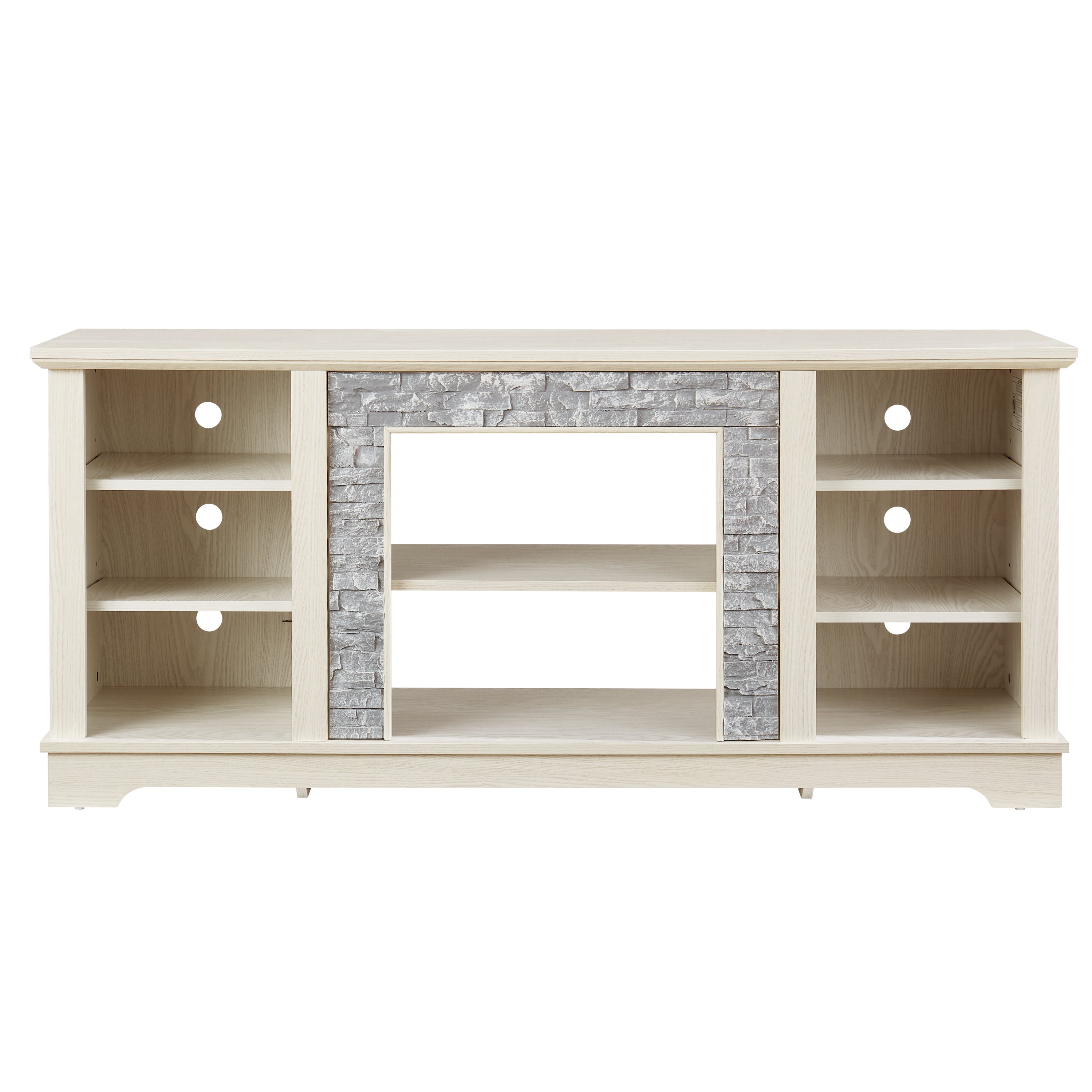 Mantel Stone TV Media Stand with with Faux Stacked Stone Surround, Modern Entertainment Console with Open Storage Space,WHITE, 58.31'W*15.39'D*26.06'H