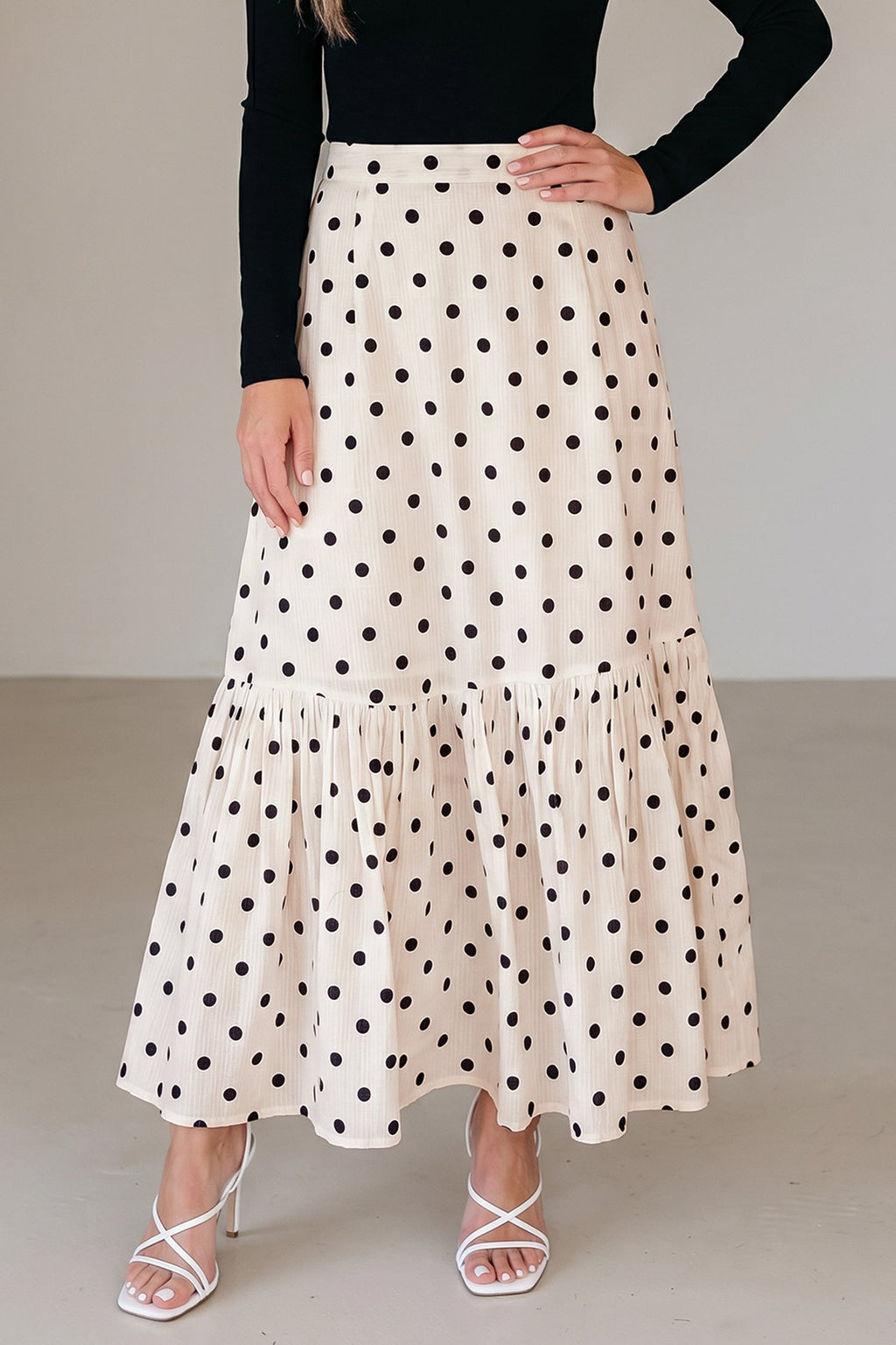 Polka Dot Ruffle Side Slit Maxi Skirt