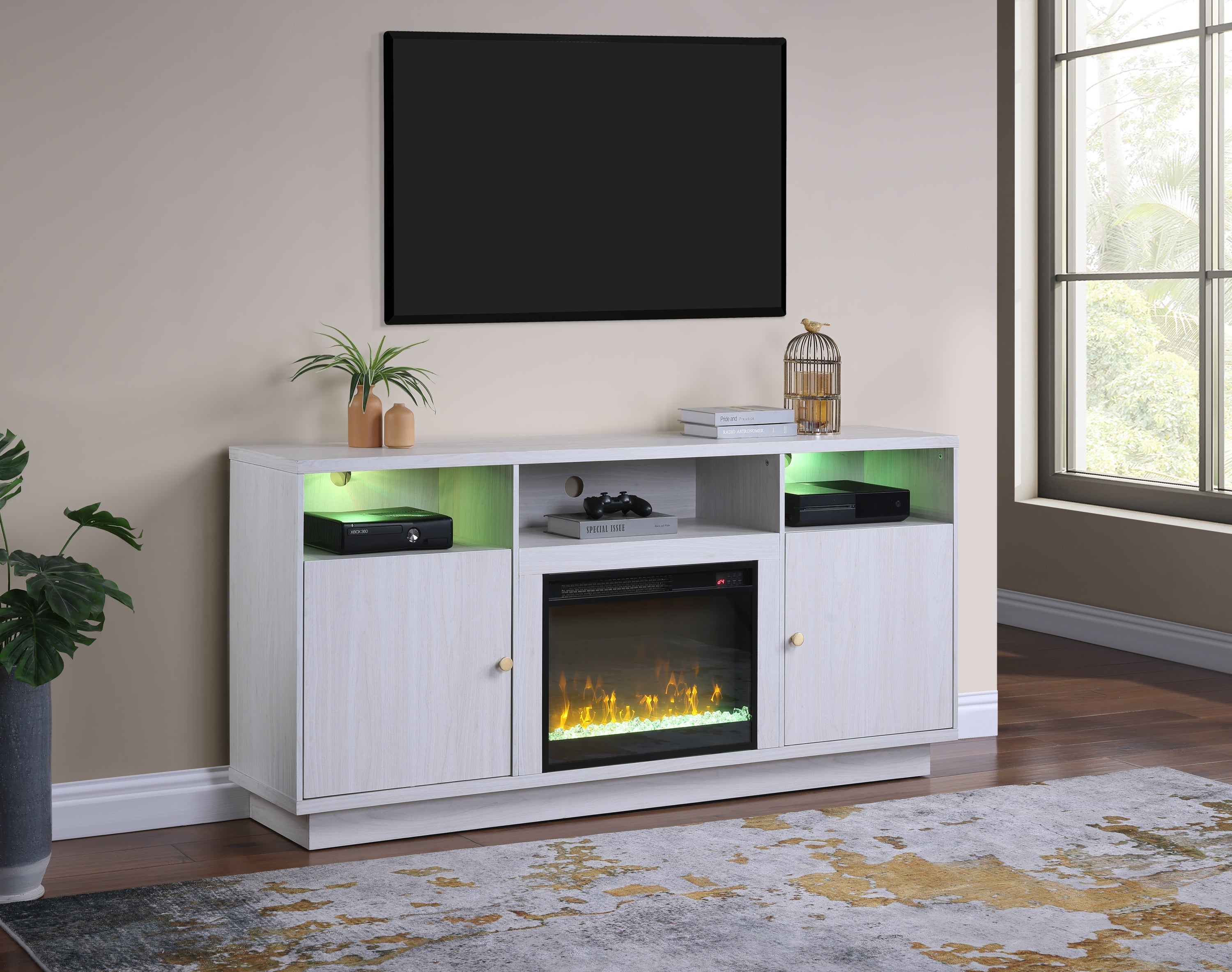 Ambrose 70'W White Walnut Finish Fireplace Console TV Stand with Heater, LED Light, Cabinets, Shelves