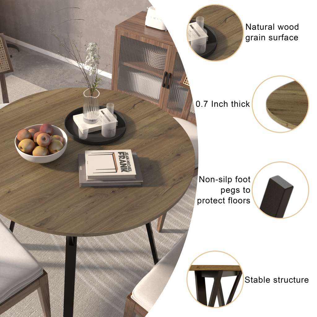 35.43 Inch Round Dining Table, Small Circle Kitchen Table with Metal Black Legs for 2-4 people,Modern Dining Room Table, Brown (only table)