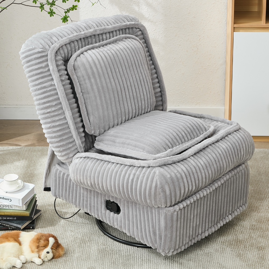 [NEW ARRIVED] 360° Swivel Rocking Single Sofa,Recliner Sofa, Manual Glider Rocking Armless Chair,Living Room Office, With Adjustable Backrest and Footrest and pillows, Small Spaces,Corduroy , Gray
