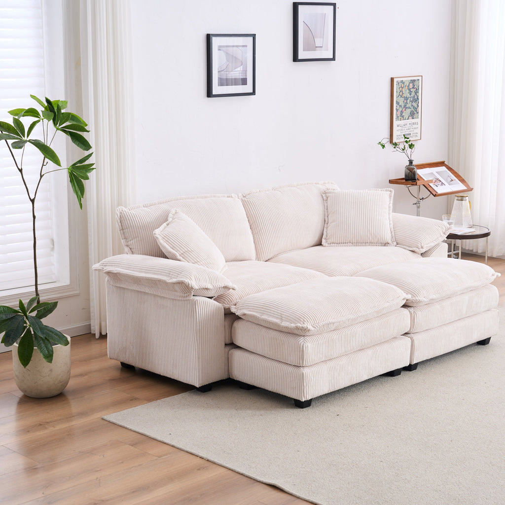 Corduroy 2-seats sofa With 2 back pillows,2 toss pillows and two ottoman,Comfy Sofa- Deep Seat Couch for Living Room,White