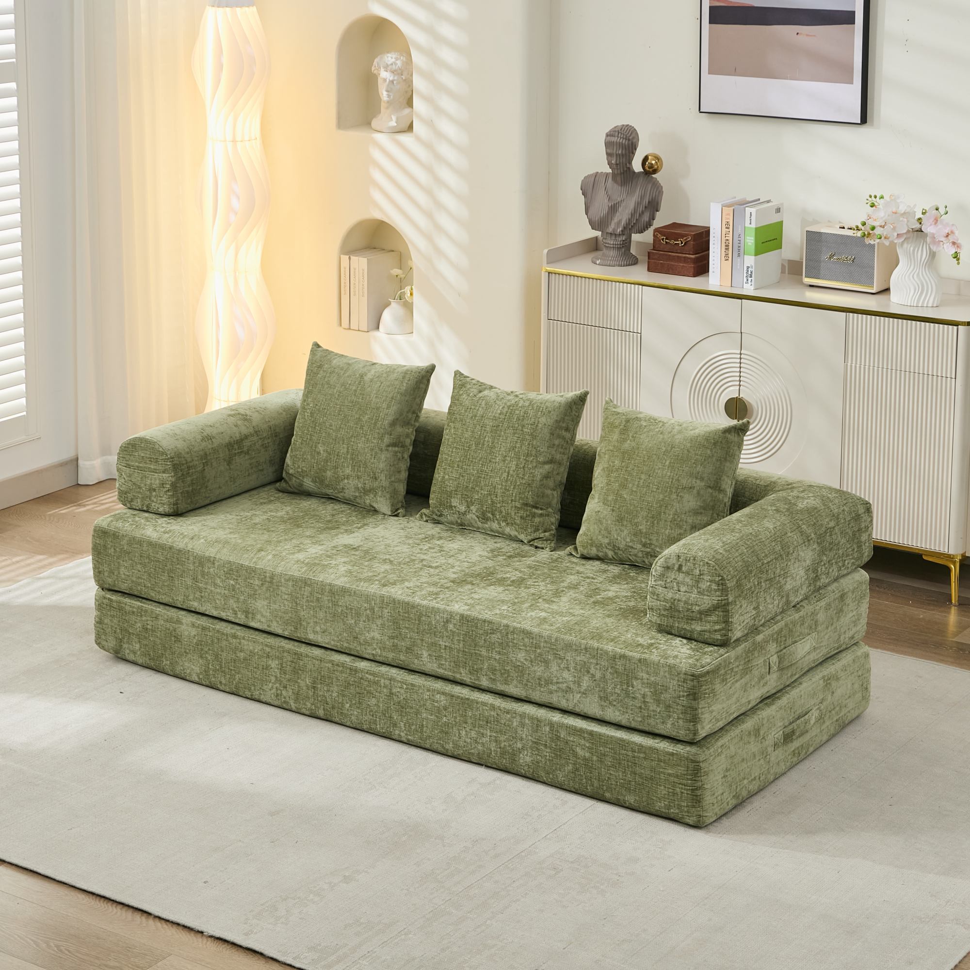 Comfy Convertible Folding Mattress Couch, Floor Sofa Bed, Chenille Floor Sofa with Armrest, Floor Sofa Lounge Couch for Living Room Bedroom Lounge Studio-Green