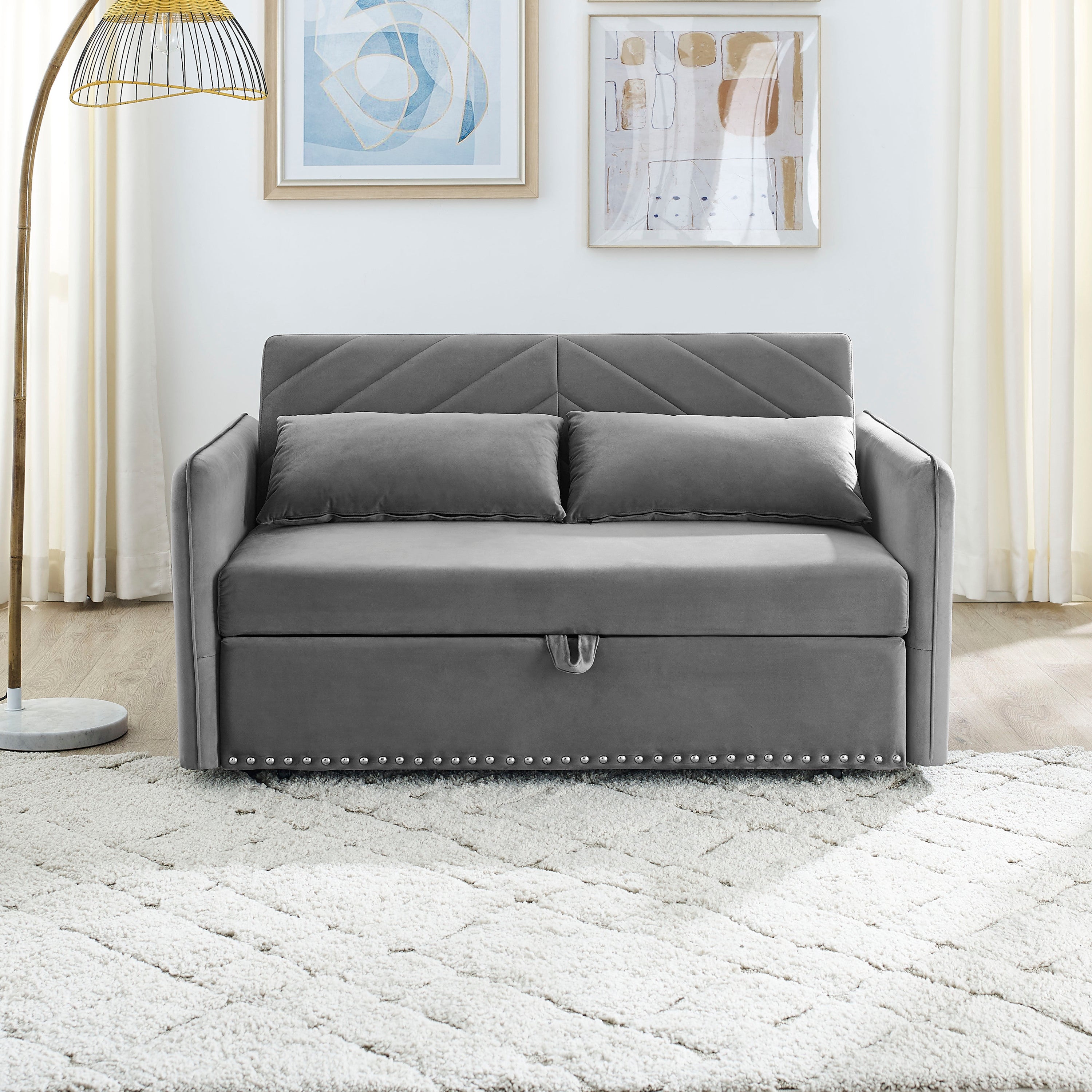 MH' Sleeper Sofa Bed w/USB Port, 3-in-1 adjustable sleeper with pull-out bed, 2 lumbar pillows and side pocket, soft velvet convertible sleeper sofa bed, suitable for living room bedroom