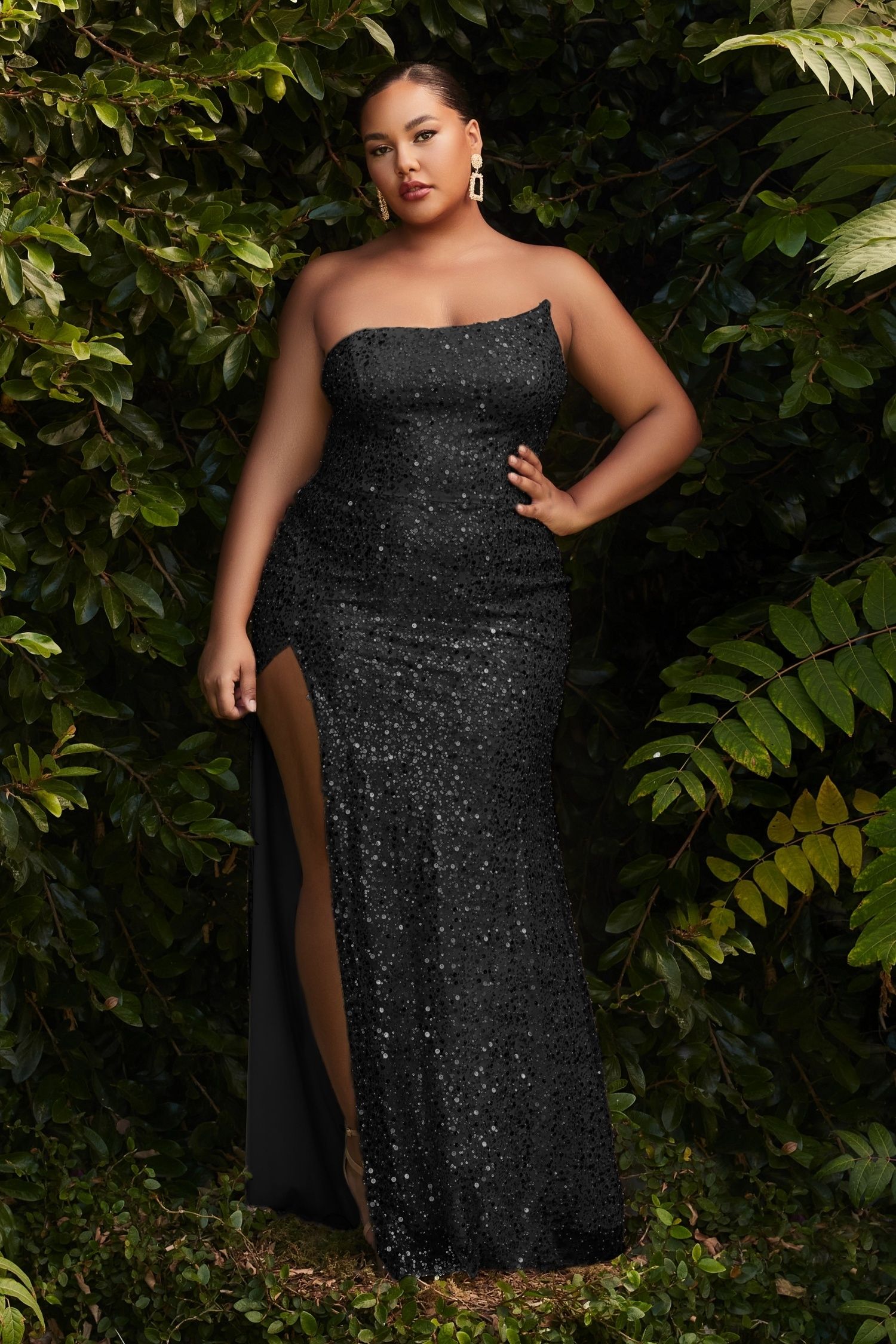 Asymmetrical Embellished Sequin Strapless Curvy Fit Long Prom Dress CDCH165C
