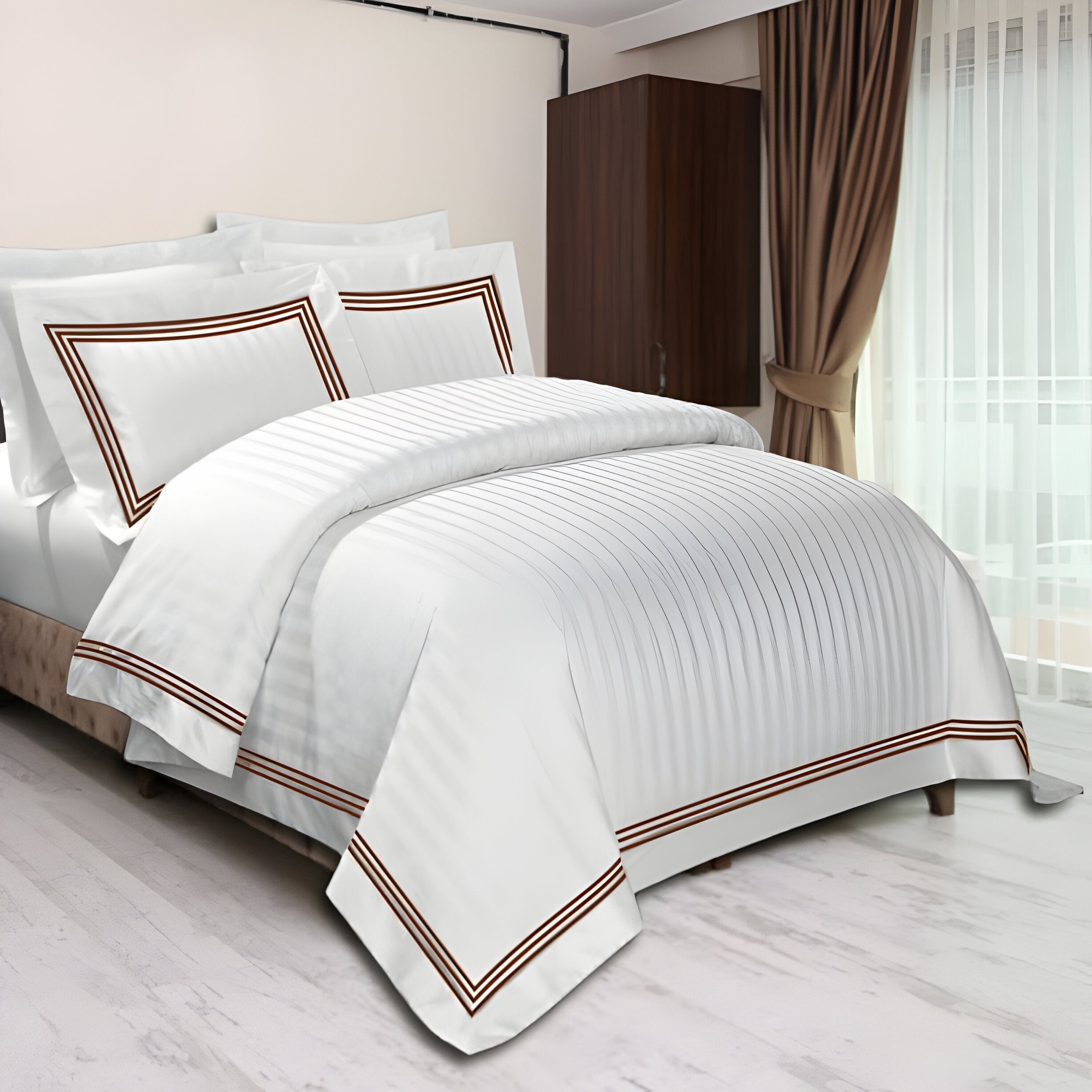 400TC Cotton Sateen Triple Edge Embroidery Stripe Duvet Cover Set