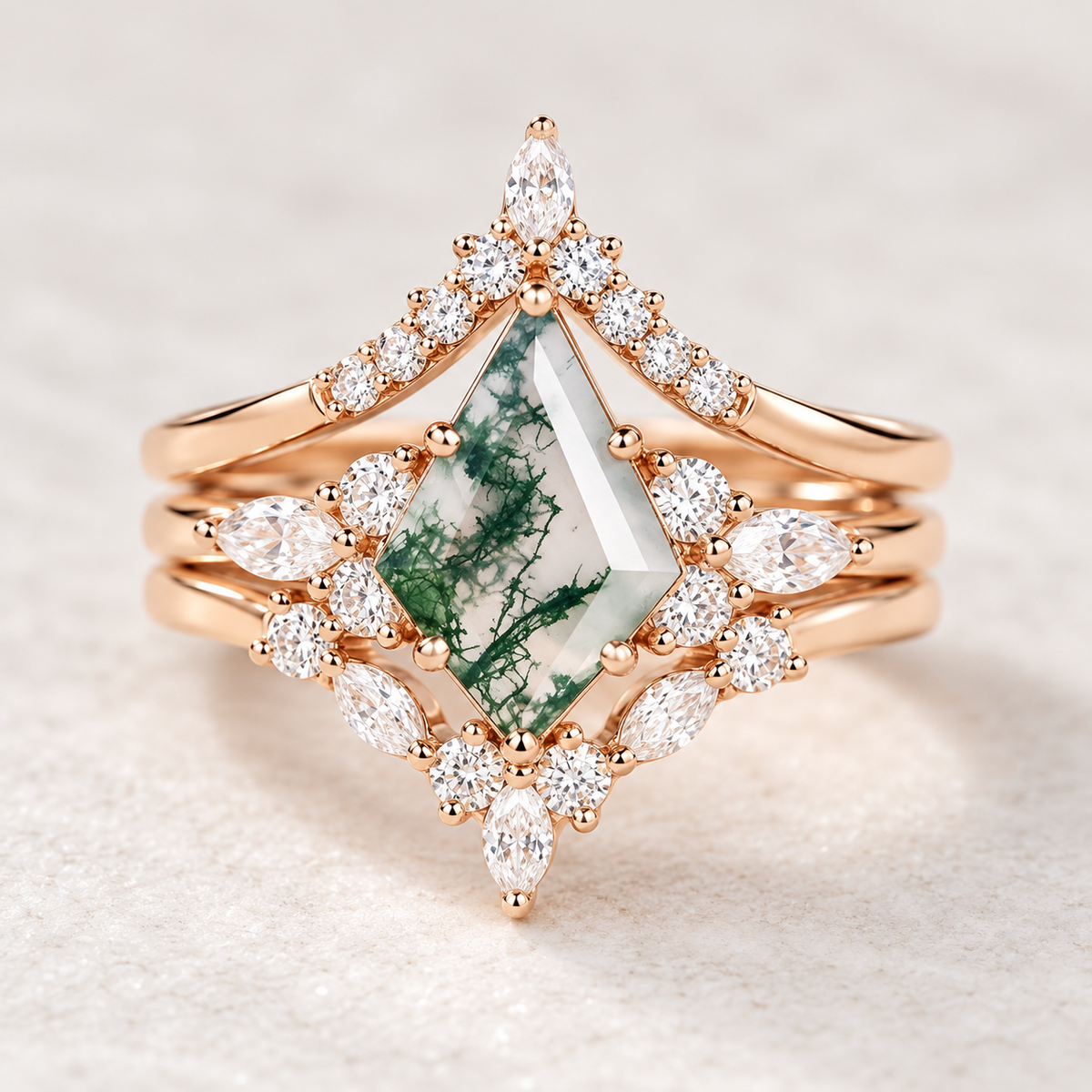 Natural Moss Agate and lab-grown diamond celestial bridal stack mockup