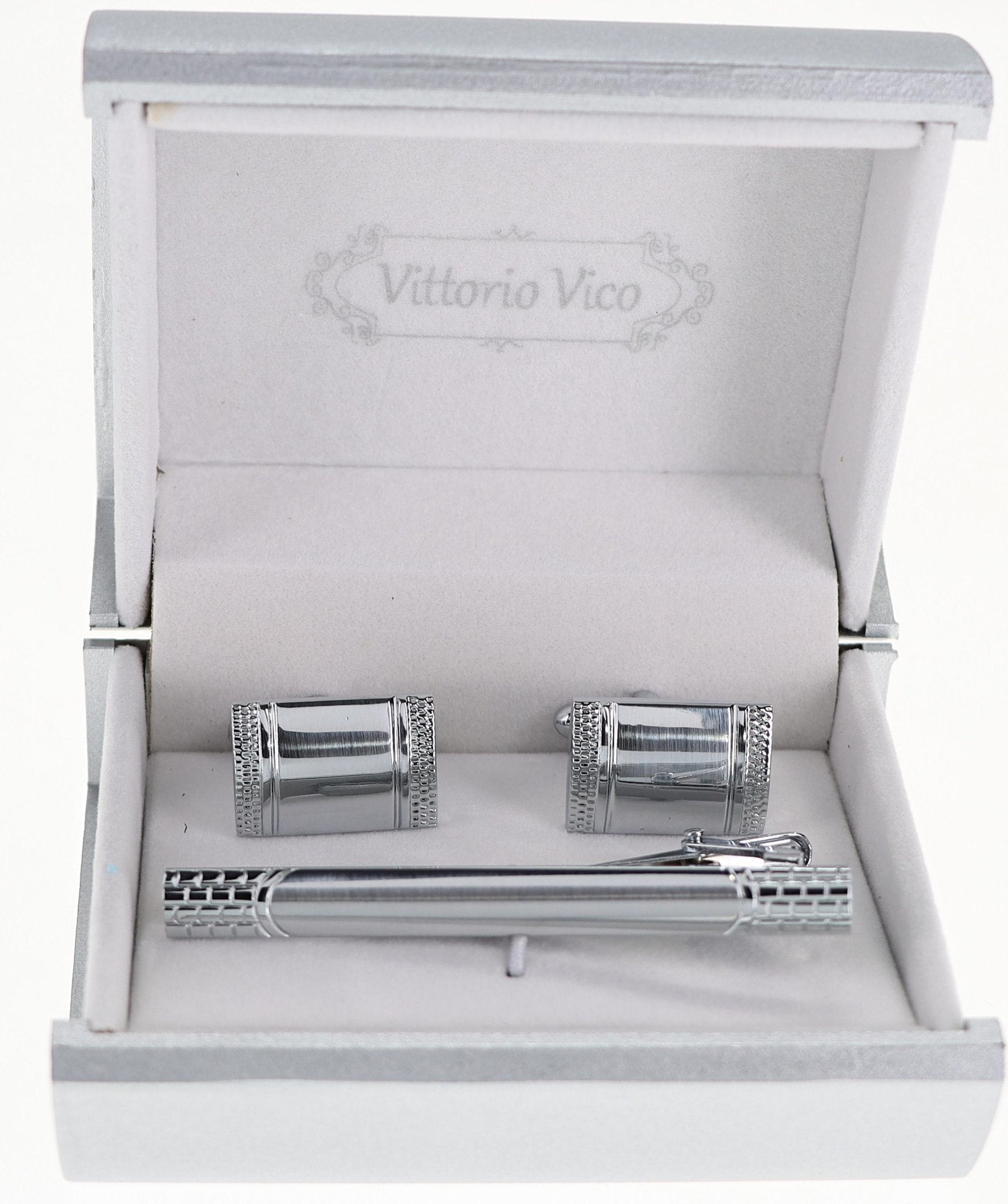 Vittorio Vico Plain Silver Cufflink & Tie Bar Set in Gift Box