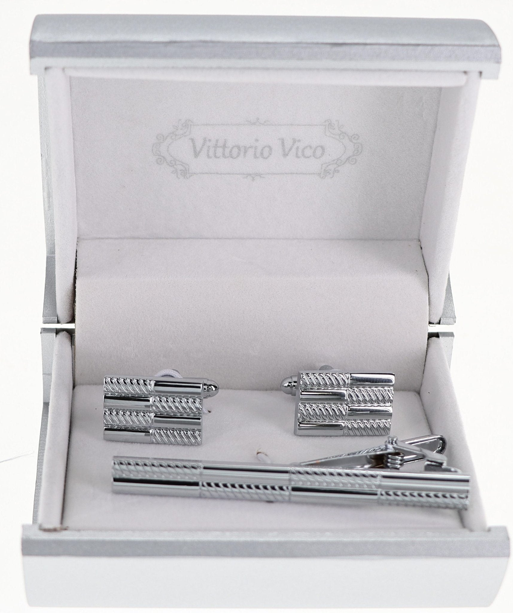Vittorio Vico Plain Silver Cufflink & Tie Bar Set in Gift Box