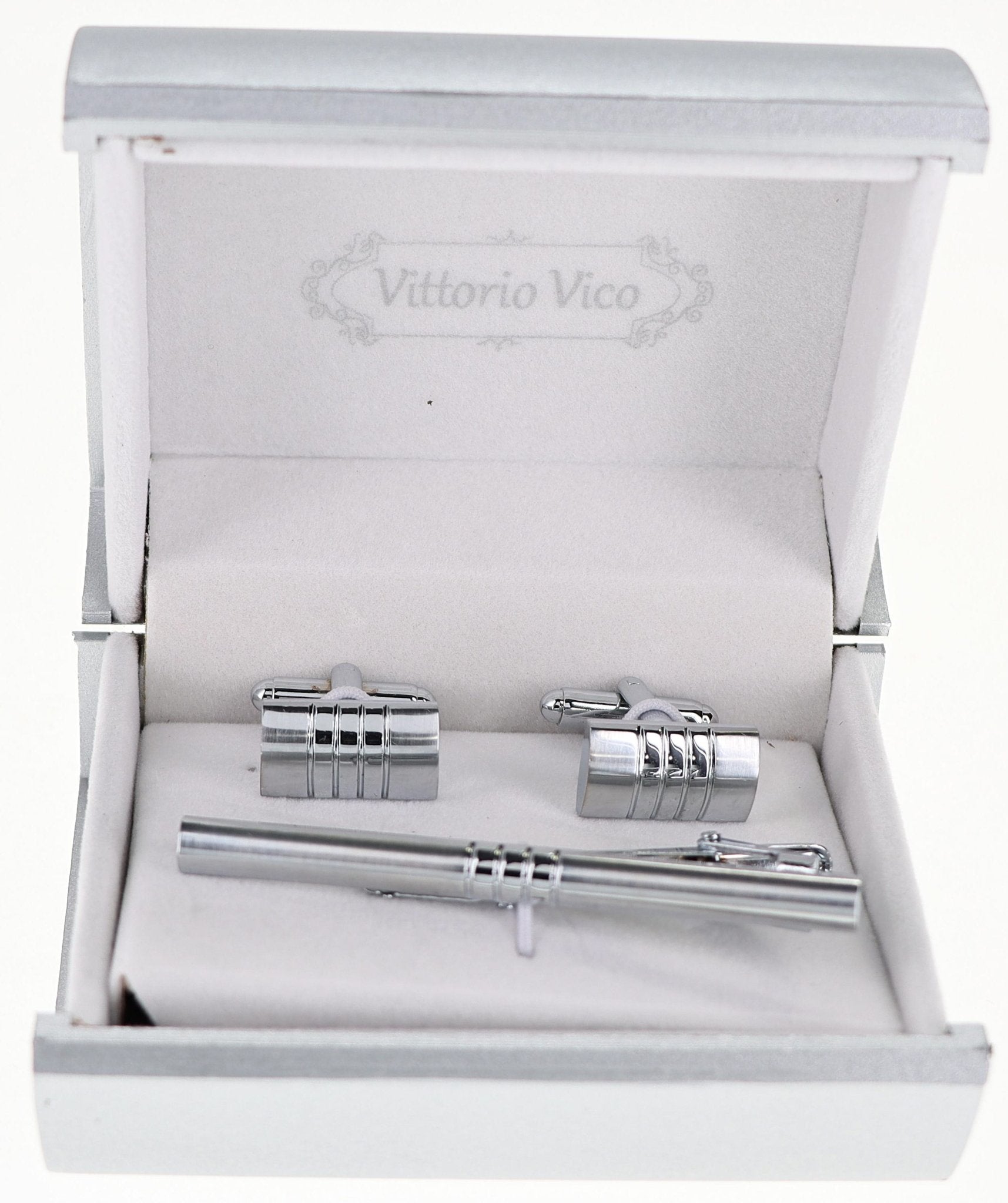 Vittorio Vico Plain Silver Cufflink & Tie Bar Set in Gift Box