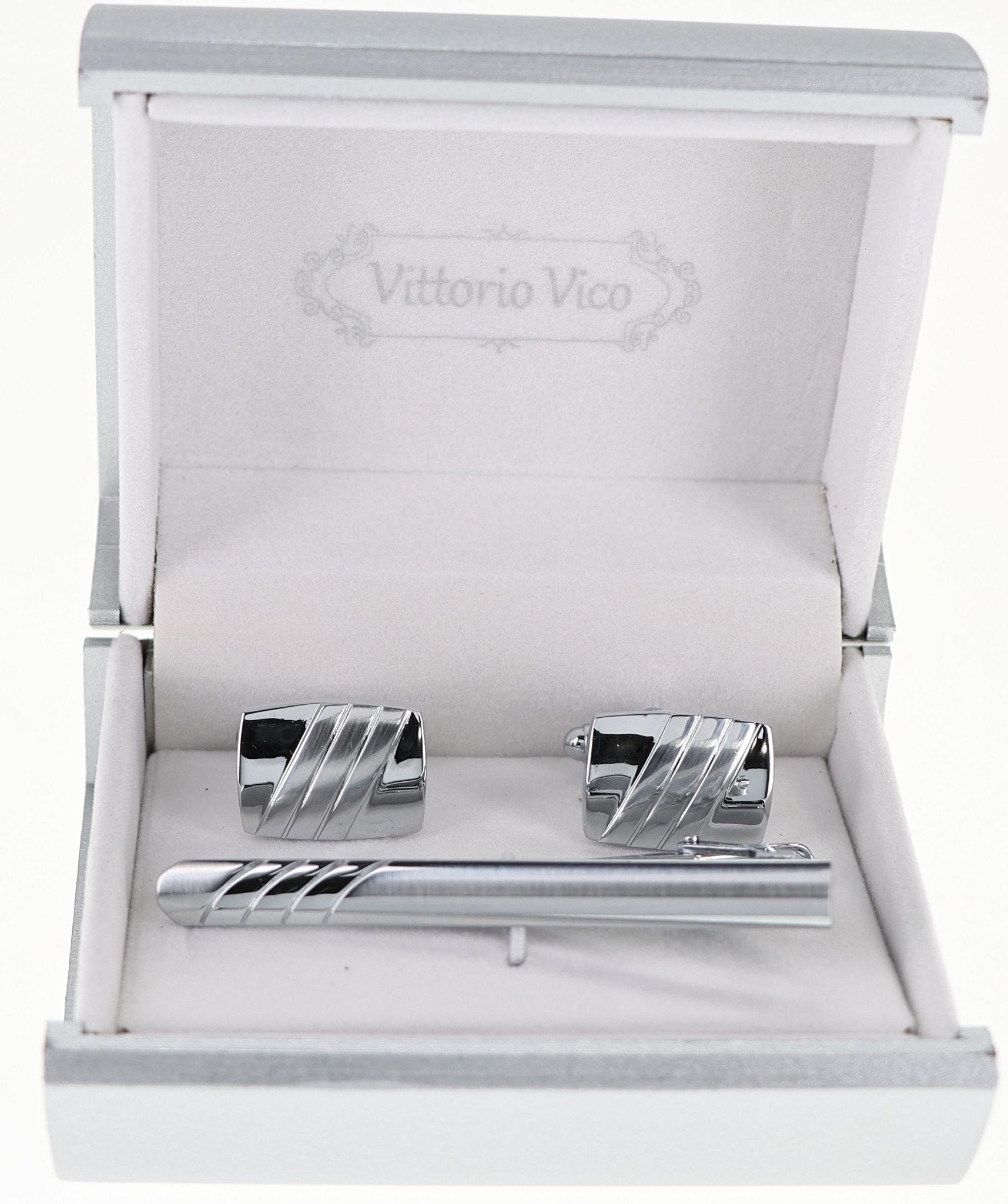 Vittorio Vico Plain Silver Cufflink & Tie Bar Set in Gift Box