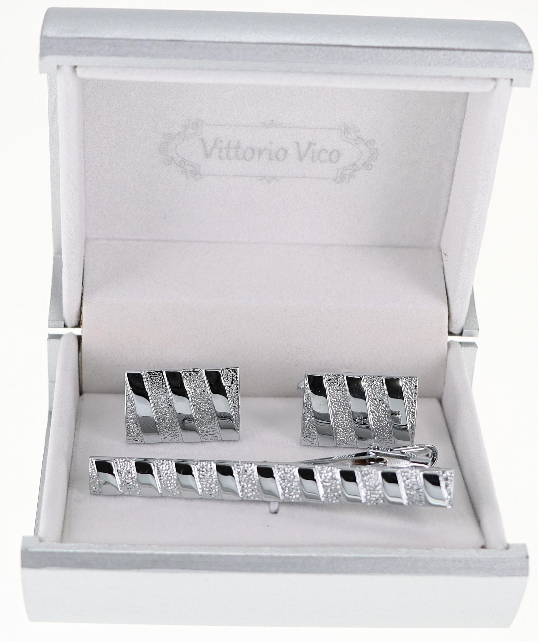 Vittorio Vico Plain Silver Cufflink & Tie Bar Set in Gift Box
