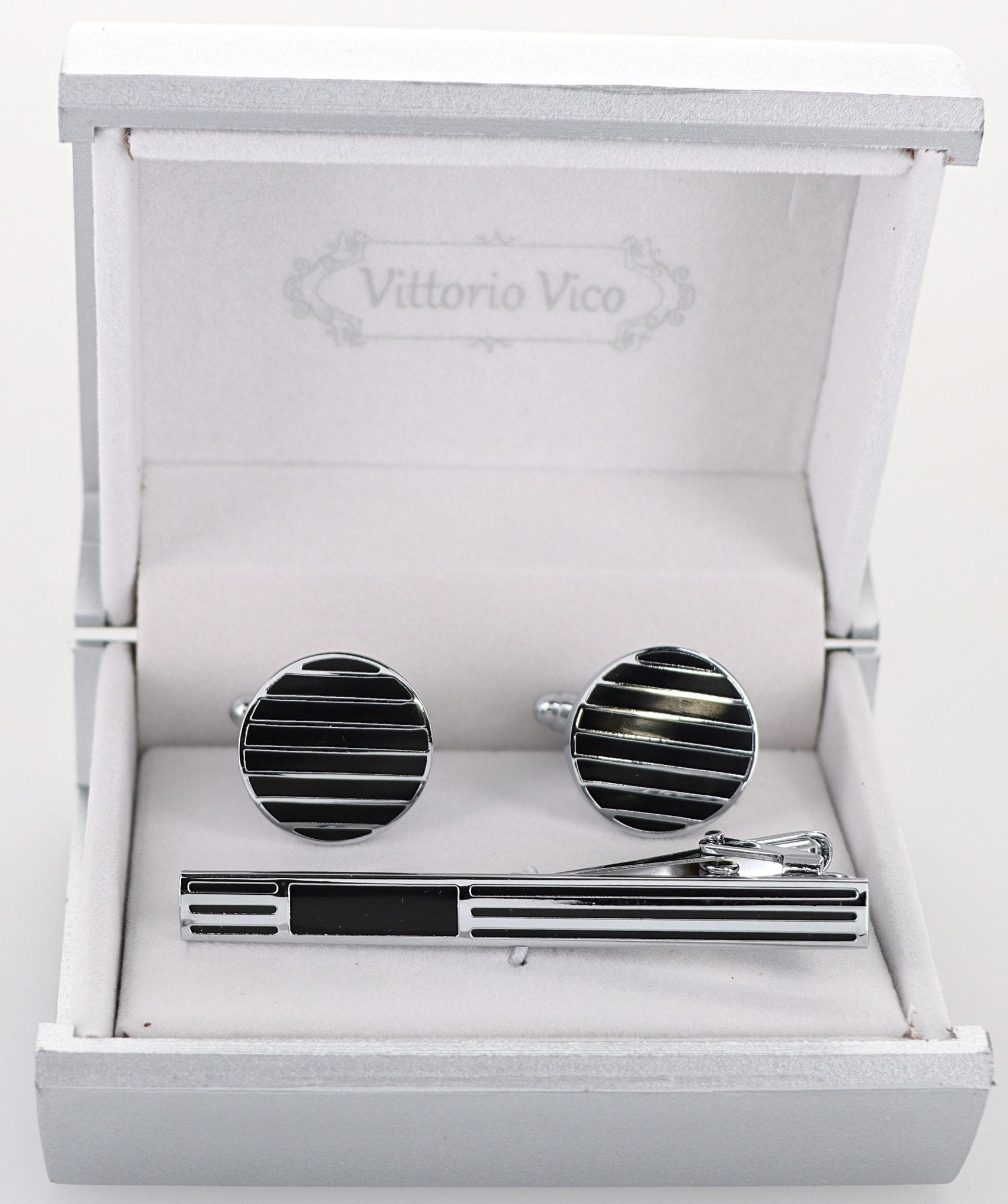 Vittorio Vico Plain Silver Cufflink & Tie Bar Set in Gift Box