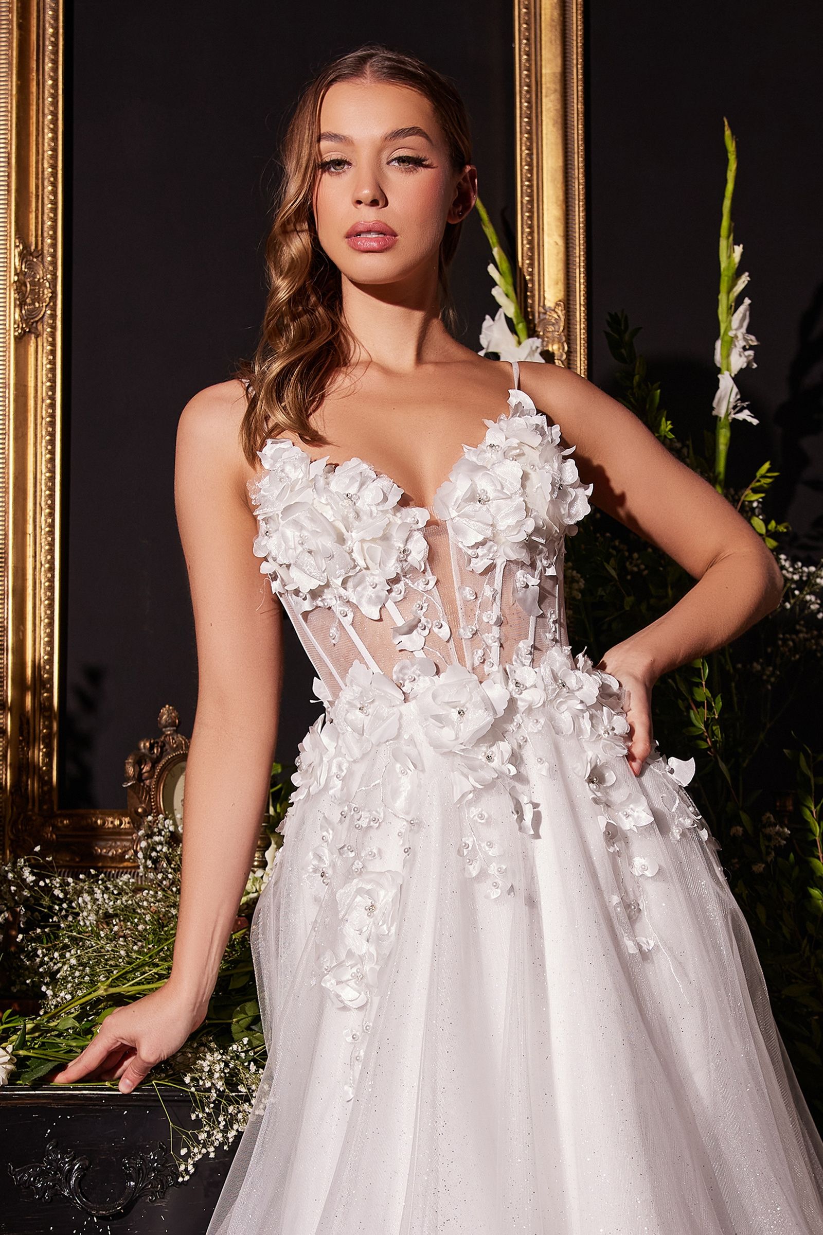 FLORAL APPLIQUE A-LINE TULLE BRIDAL GOWN CDCM321W