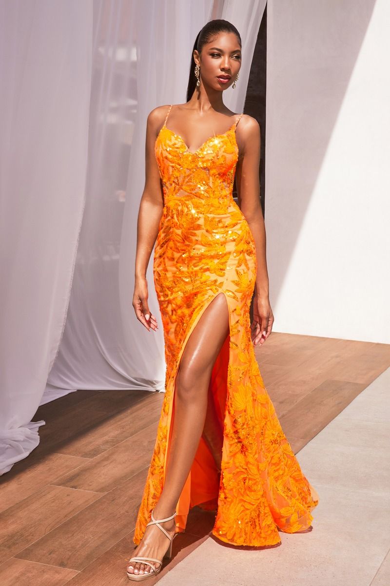 NWT FORMAL SLEEVELESS STRAPPED DAZZLING SEQUIN EMBELLISHED GOWN W/ HIGH LEG SLIT CDCM350