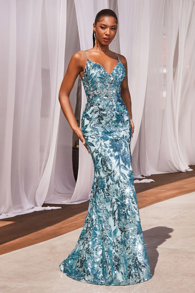 NWT FORMAL SLEEVELESS STRAPPED DAZZLING SEQUIN EMBELLISHED GOWN W/ HIGH LEG SLIT CDCM350